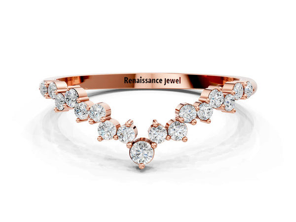 Rose gold V-Shaped Diamond Cluster Curved Band with Round Brilliant Cut Stones and Prong Setting