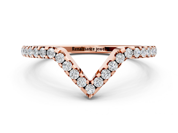 Rose gold V-Shaped Pavé Round Diamond Chevron Band with Shared Prong Setting