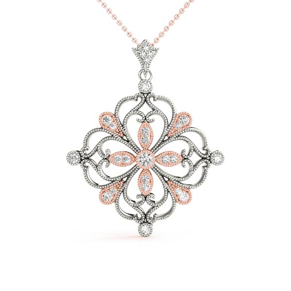Rose gold Vintage Floral Diamond Pendant with Round Brilliant Cut and Pavé Setting