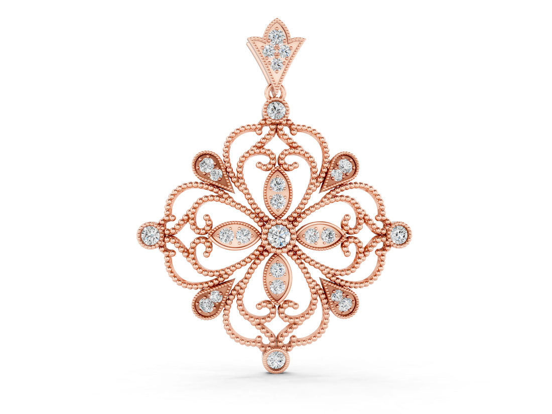 Rose gold Vintage Floral Diamond Pendant with Round Brilliant Cut and Pavé Setting_4