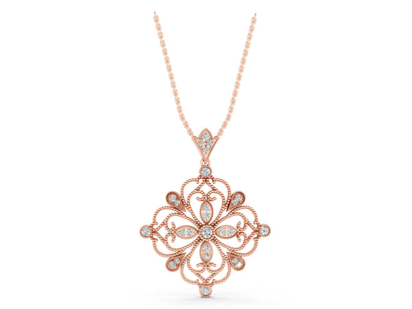 Rose gold Vintage Floral Diamond Pendant with Round Brilliant Cut and Pavé Setting