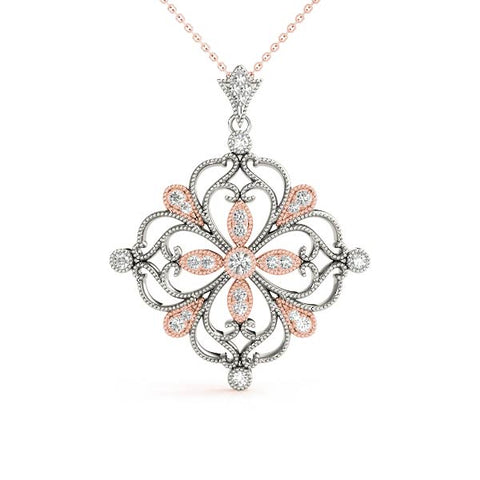 Rose gold Vintage Floral Diamond Pendant with Round Brilliant Cut and Pavé Setting