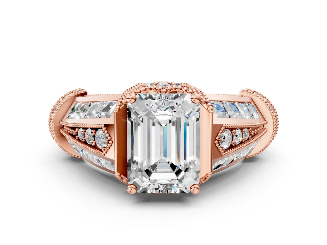 Rose gold Vintage Milgrain Emerald Cut Diamond Split Shank Ring with Prong Setting_13