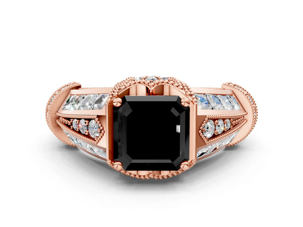 Rose Gold Asscher Cut Vintage Hidden Halo Engagement Ring Setting for Black Center