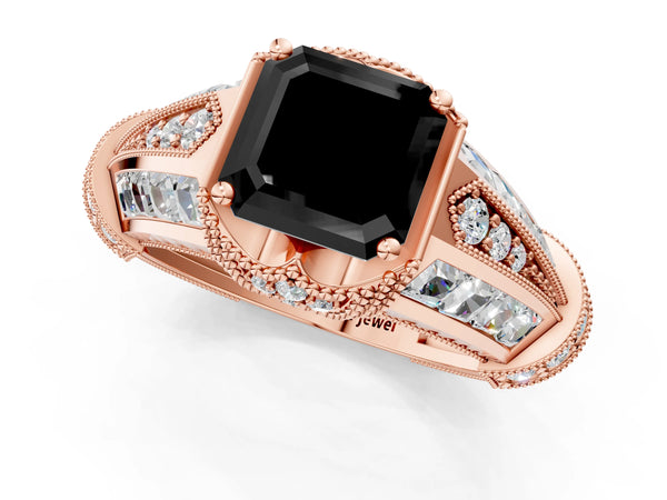 Rose Gold Asscher Cut Vintage Hidden Halo Engagement Ring Setting for Black Center
