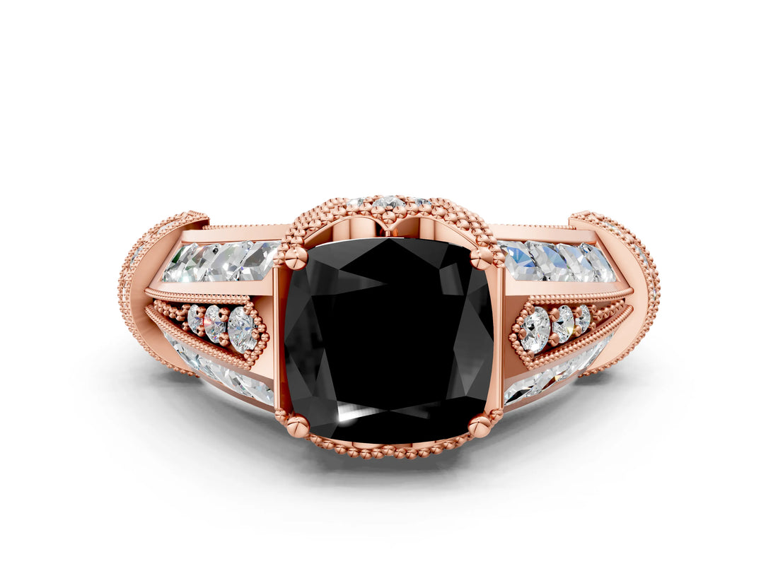 Rose gold Vintage Milgrain Fancy Black Cushion Cut Diamond Split Shank Ring with Prong Setting