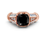 Rose gold Vintage Milgrain Fancy Black Cushion Cut Diamond Split Shank Ring with Prong Setting