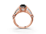 Rose gold Vintage Milgrain Fancy Black Cushion Cut Diamond Split Shank Ring with Prong Setting_3