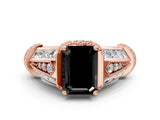 Rose gold Vintage Milgrain Fancy Black Emerald Cut Diamond Split Shank Ring with Prong Setting