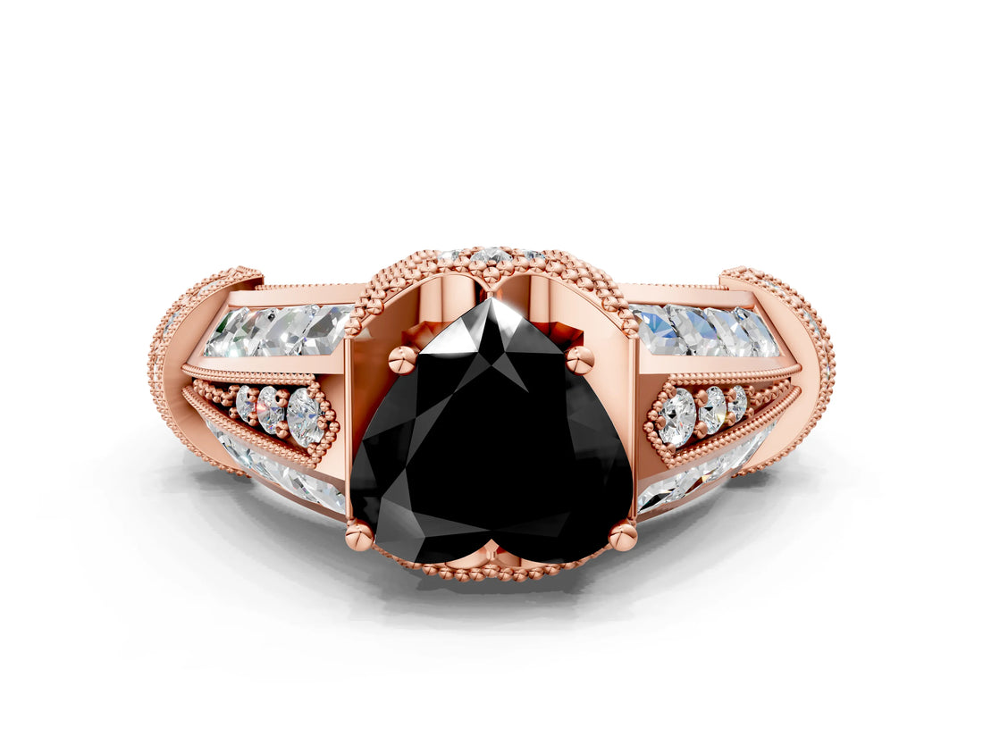 Rose gold Vintage Milgrain Fancy Black Heart Cut Diamond Split Shank Ring with Prong Setting