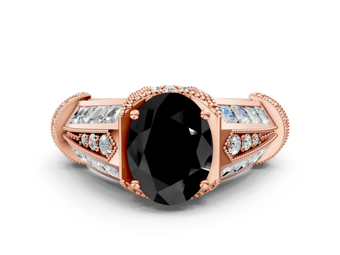 Rose gold Vintage Milgrain Fancy Black Oval Cut Diamond Split Shank Ring with Prong Setting