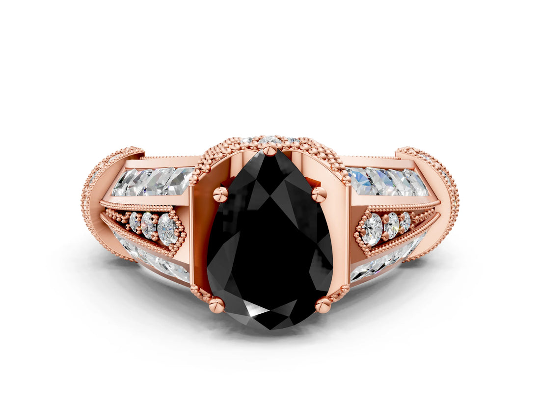 Rose gold Vintage Milgrain Fancy Black Pear Cut Diamond Split Shank Ring with Prong Setting