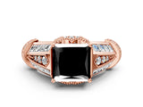 Rose gold Vintage Milgrain Fancy Black Princess Cut Diamond Split Shank Ring with Prong Setting