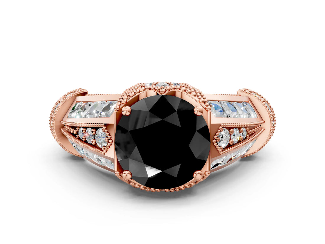 Rose gold Vintage Milgrain Fancy Black Round Cut Diamond Split Shank Ring with Prong Setting