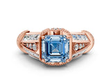 Rose gold Vintage Milgrain Fancy Blue Asscher Cut Diamond Split Shank Ring with Prong Setting