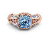 Rose gold Vintage Milgrain Fancy Blue Cushion Cut Diamond Split Shank Ring with Prong Setting