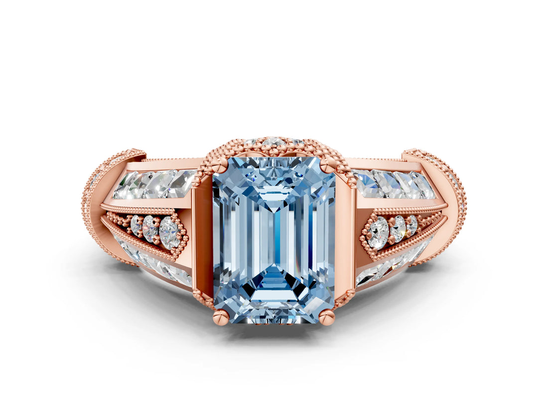 Rose gold Vintage Milgrain Fancy Blue Emerald Cut Diamond Split Shank Ring with Prong Setting