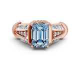 Rose gold Vintage Milgrain Fancy Blue Emerald Cut Diamond Split Shank Ring with Prong Setting