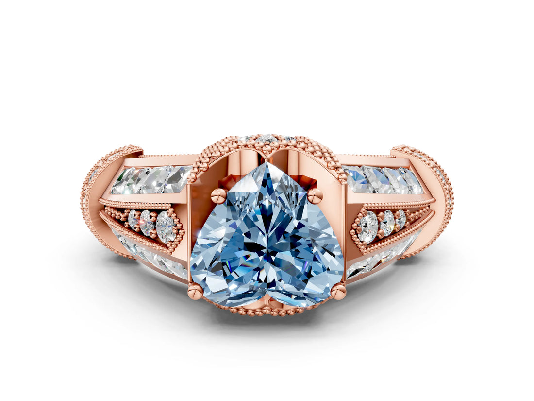 Rose gold Vintage Milgrain Fancy Blue Heart Cut Diamond Split Shank Ring with Prong Setting