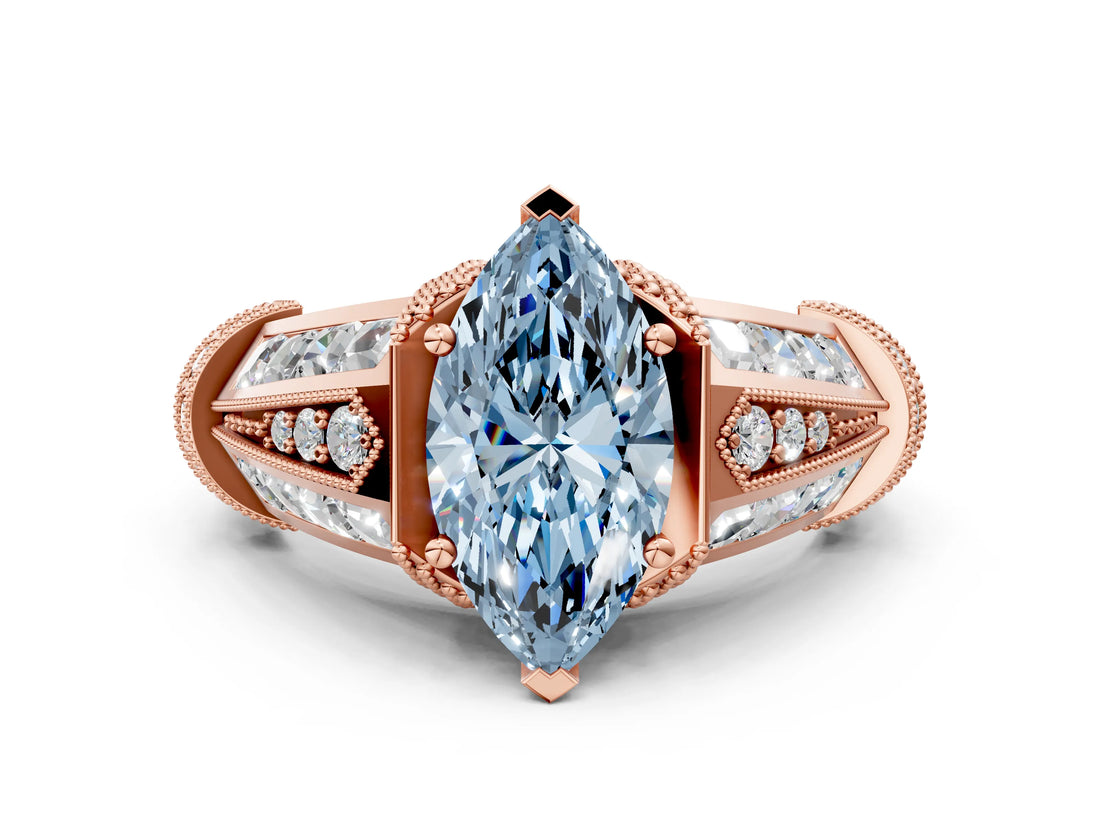 Rose gold Vintage Milgrain Fancy Blue Marquise Cut Diamond Split Shank Ring with Prong Setting