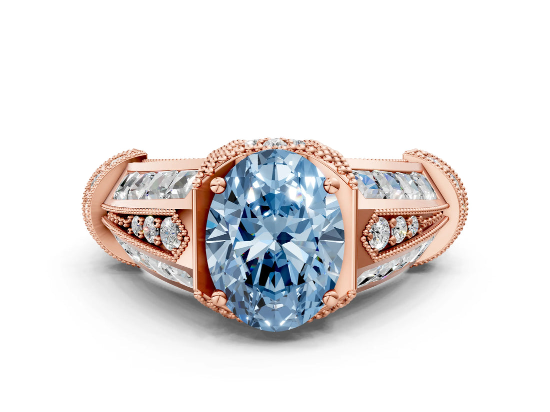 Rose gold Vintage Milgrain Fancy Blue Oval Cut Diamond Split Shank Ring with Prong Setting