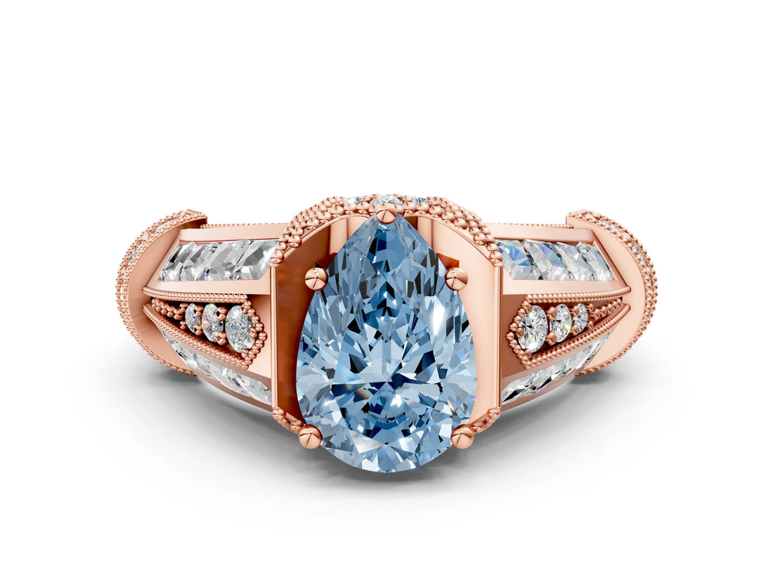 Rose gold Vintage Milgrain Fancy Blue Pear Cut Diamond Split Shank Ring with Prong Setting