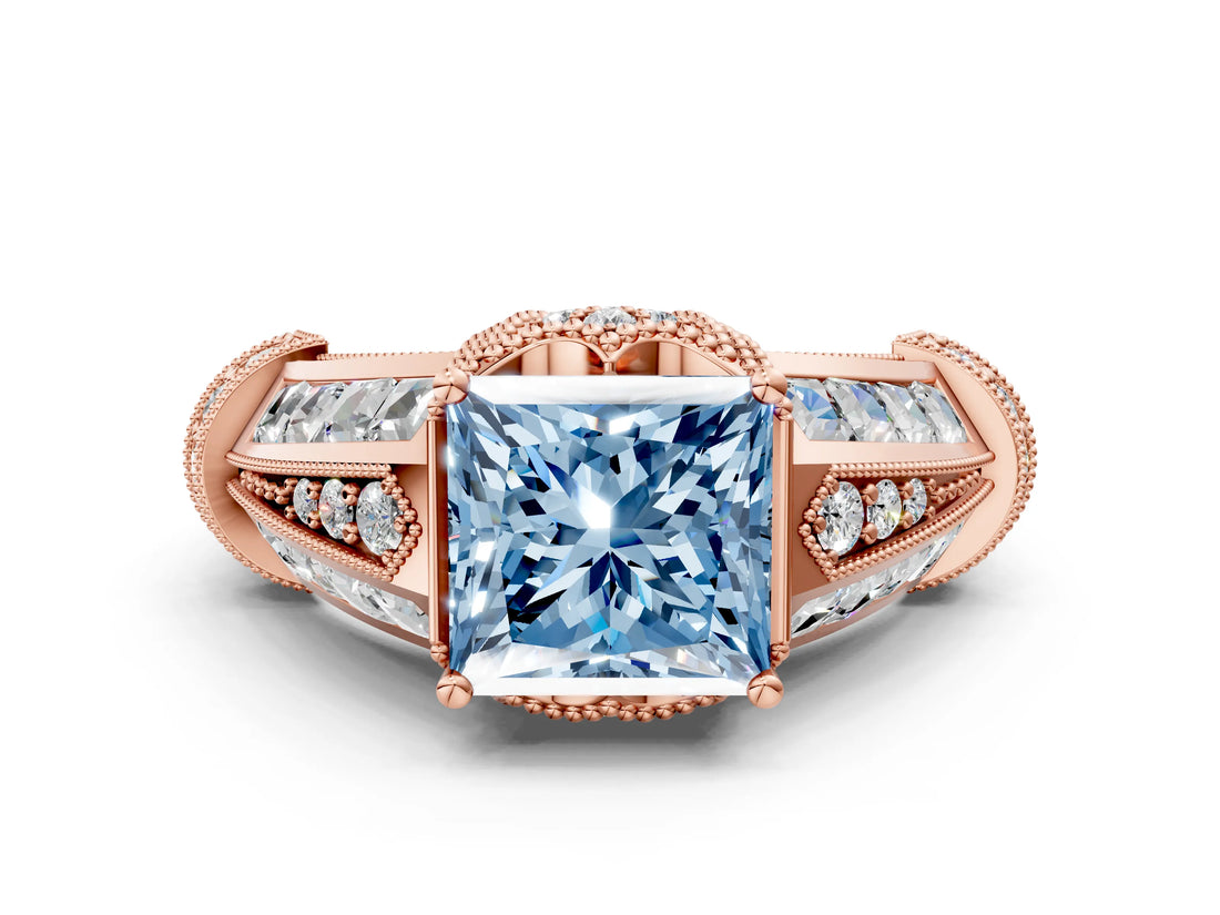 Rose gold Vintage Milgrain Fancy Blue Princess Cut Diamond Split Shank Ring with Prong Setting