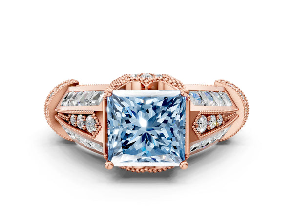 Rose gold Vintage Milgrain Fancy Blue Princess Cut Diamond Split Shank Ring with Prong Setting