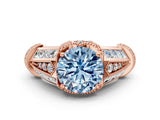 Rose gold Vintage Milgrain Fancy Blue Round Cut Diamond Split Shank Ring with Prong Setting