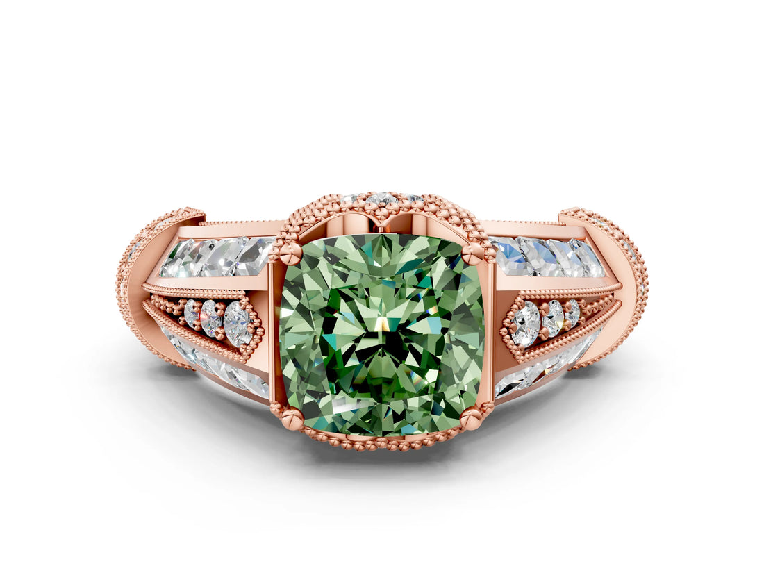 Rose gold Vintage Milgrain Fancy Green Cushion Cut Diamond Split Shank Ring with Prong Setting