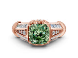 Rose gold Vintage Milgrain Fancy Green Cushion Cut Diamond Split Shank Ring with Prong Setting