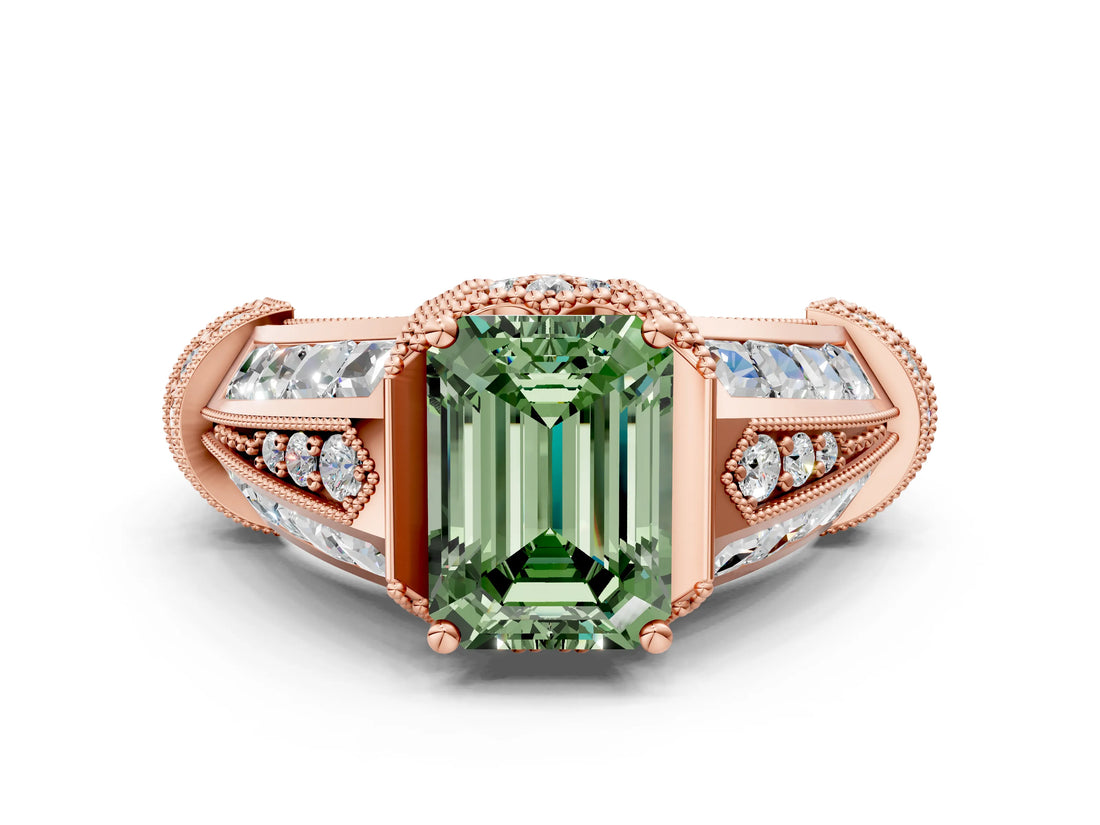 Rose gold Vintage Milgrain Fancy Green Emerald Cut Diamond Split Shank Ring with Prong Setting