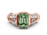Rose gold Vintage Milgrain Fancy Green Emerald Cut Diamond Split Shank Ring with Prong Setting