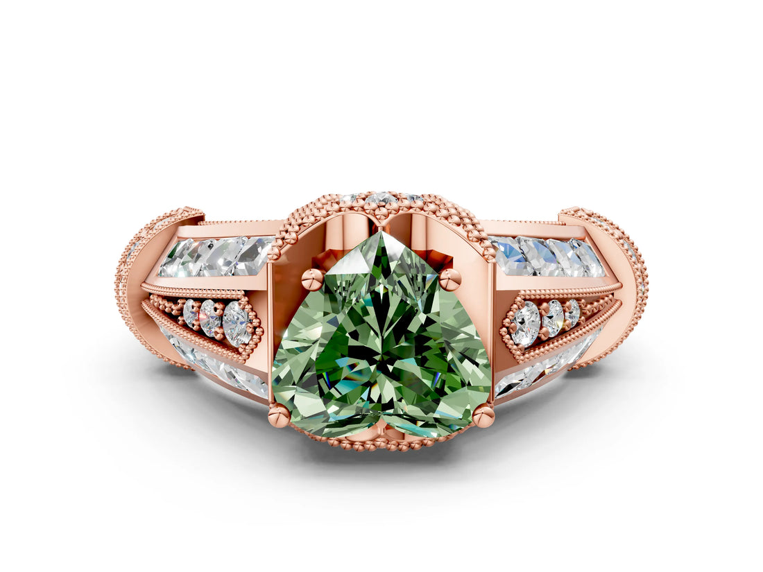 Rose gold Vintage Milgrain Fancy Green Heart Cut Diamond Split Shank Ring with Prong Setting