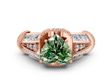Rose gold Vintage Milgrain Fancy Green Heart Cut Diamond Split Shank Ring with Prong Setting