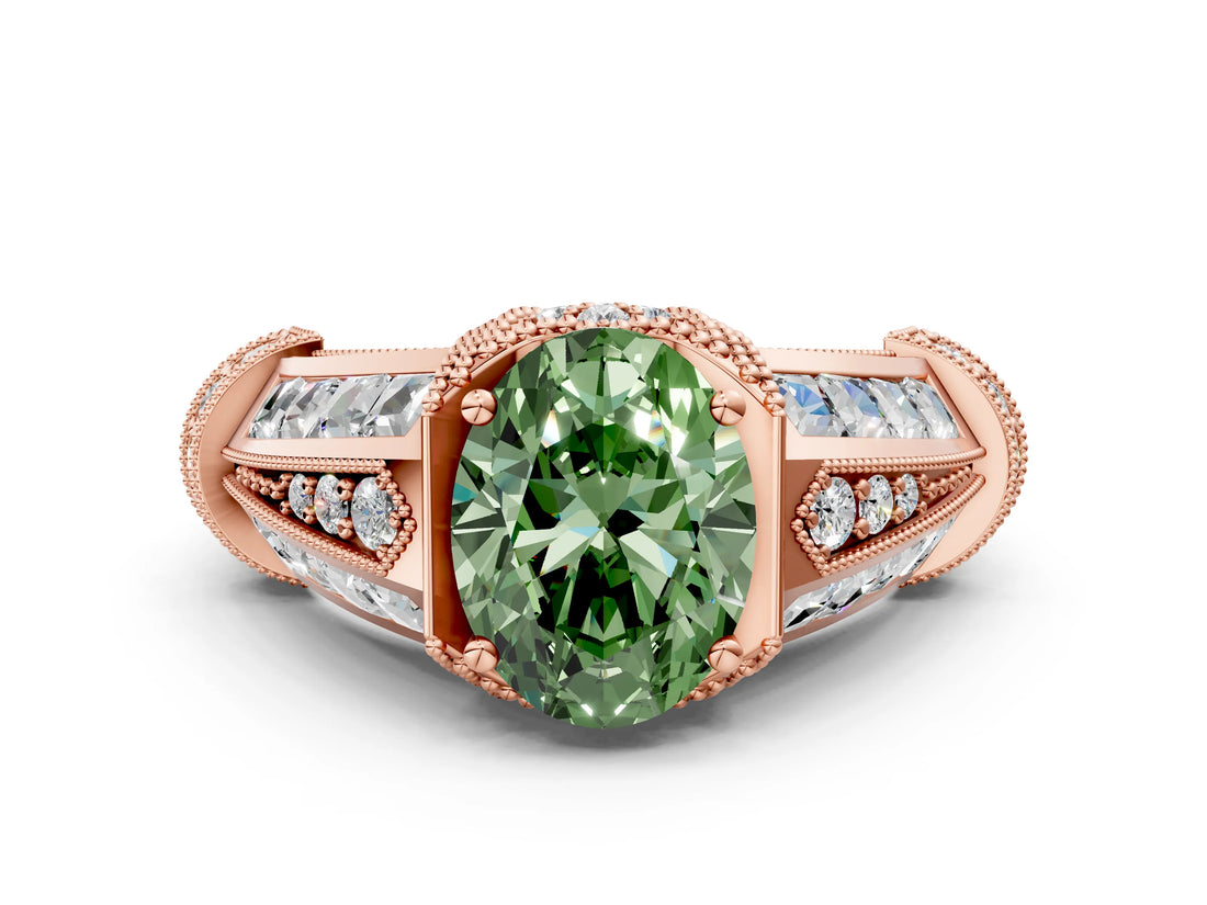 Rose gold Vintage Milgrain Fancy Green Oval Cut Diamond Split Shank Ring with Prong Setting
