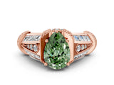 Rose gold Vintage Milgrain Fancy Green Pear Cut Diamond Split Shank Ring with Prong Setting