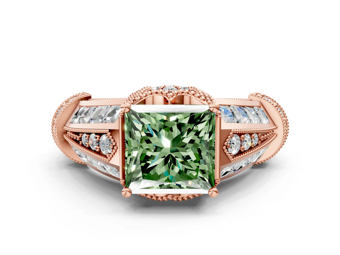 Rose gold Vintage Milgrain Fancy Green Princess Cut Diamond Split Shank Ring with Prong Setting