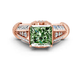 Rose gold Vintage Milgrain Fancy Green Princess Cut Diamond Split Shank Ring with Prong Setting