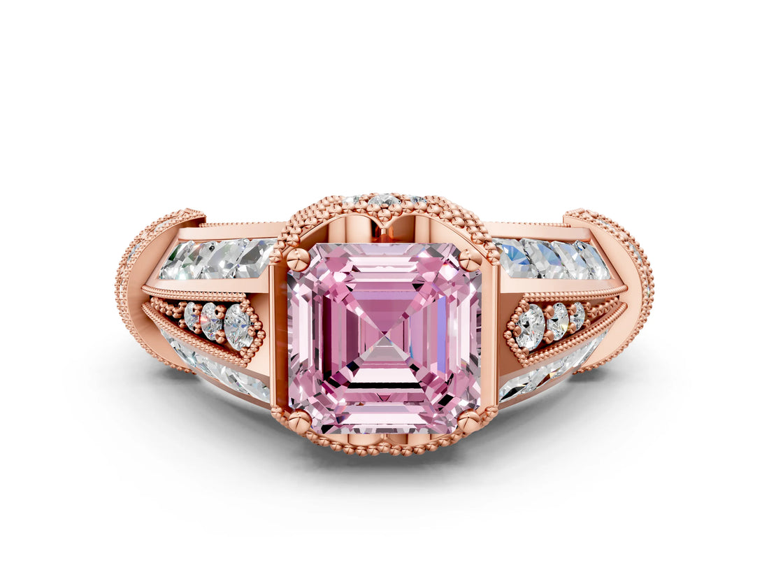 Rose gold Vintage Milgrain Fancy Pink Asscher Cut Diamond Split Shank Ring with Prong Setting