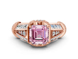 Rose gold Vintage Milgrain Fancy Pink Asscher Cut Diamond Split Shank Ring with Prong Setting