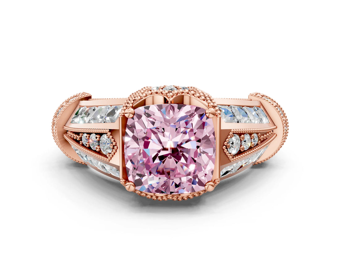 Rose gold Vintage Milgrain Fancy Pink Cushion Cut Diamond Split Shank Ring with Prong Setting