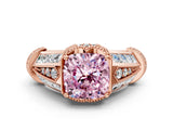 Rose gold Vintage Milgrain Fancy Pink Cushion Cut Diamond Split Shank Ring with Prong Setting