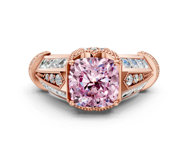 Rose Gold Cushion Cut Vintage Engagement Ring Setting for Fancy Pink Center - Design RJ-751