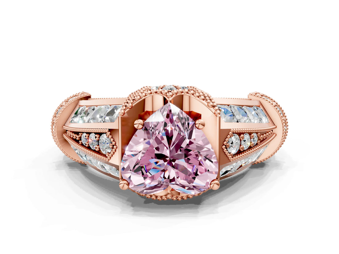 Rose gold Vintage Milgrain Fancy Pink Heart Cut Diamond Split Shank Ring with Prong Setting