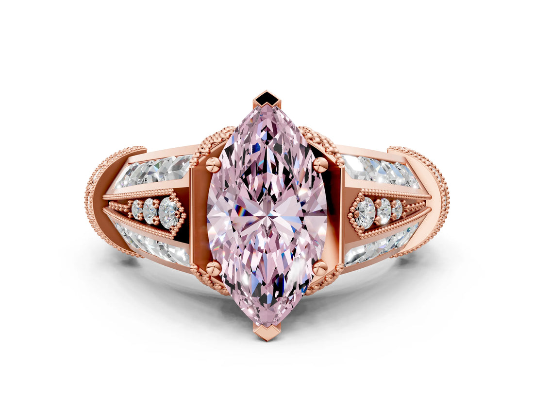Rose gold Vintage Milgrain Fancy Pink Marquise Cut Diamond Split Shank Ring with Prong Setting