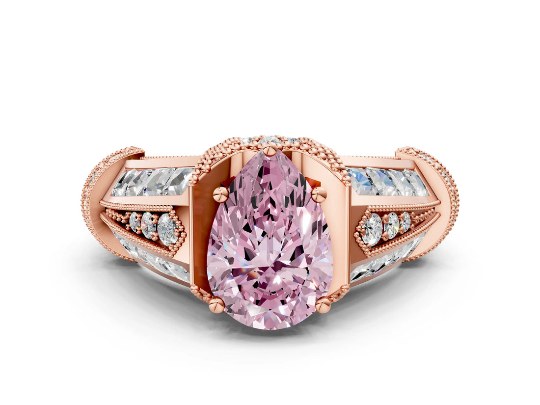 Rose gold Vintage Milgrain Fancy Pink Pear Cut Diamond Split Shank Ring with Prong Setting