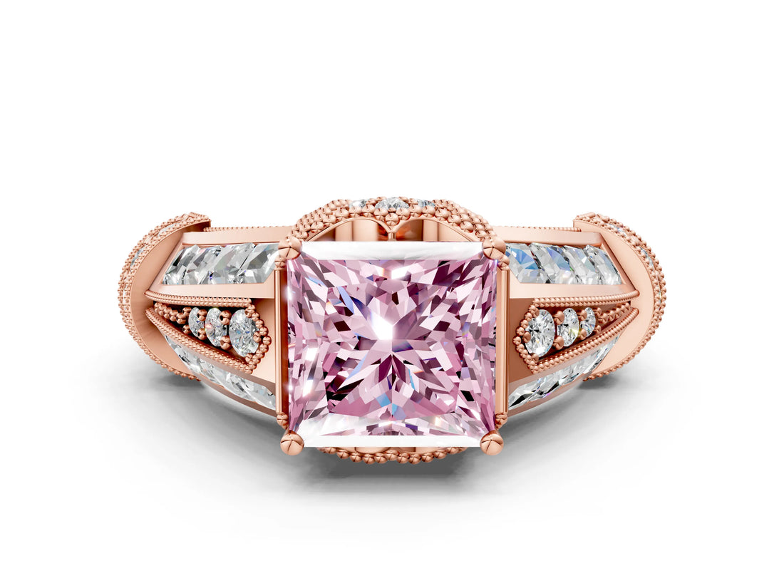 Rose gold Vintage Milgrain Fancy Pink Princess Cut Diamond Split Shank Ring with Prong Setting
