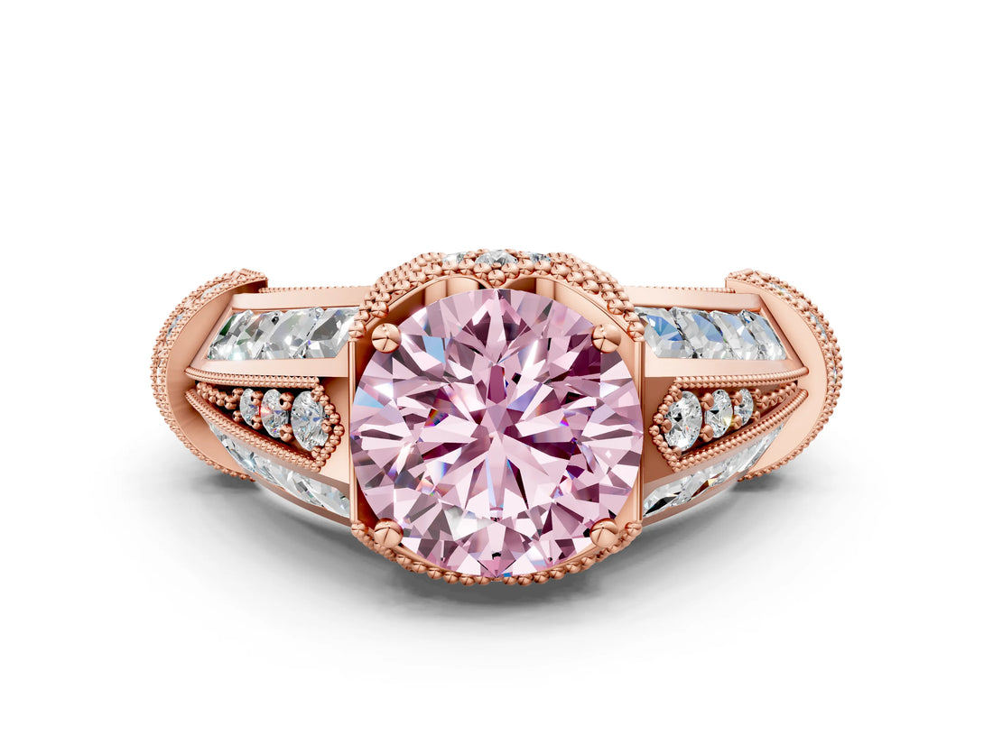 Rose gold Vintage Milgrain Fancy Pink Round Cut Diamond Split Shank Ring with Prong Setting