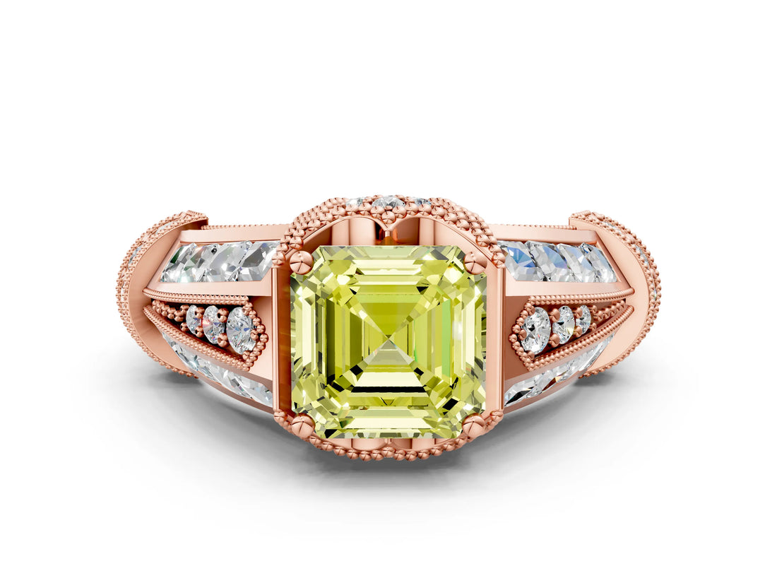 Rose gold Vintage Milgrain Fancy Yellow Asscher Cut Diamond Split Shank Ring with Prong Setting